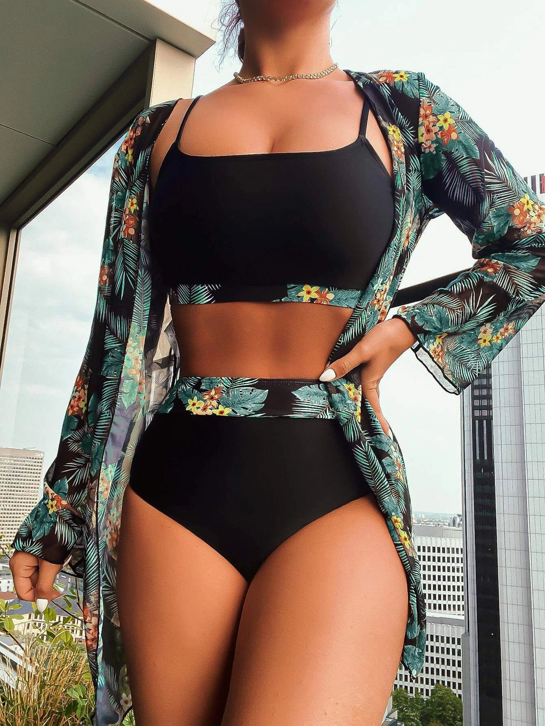 Adelynn Tropical Print With Kimono Bikini Set