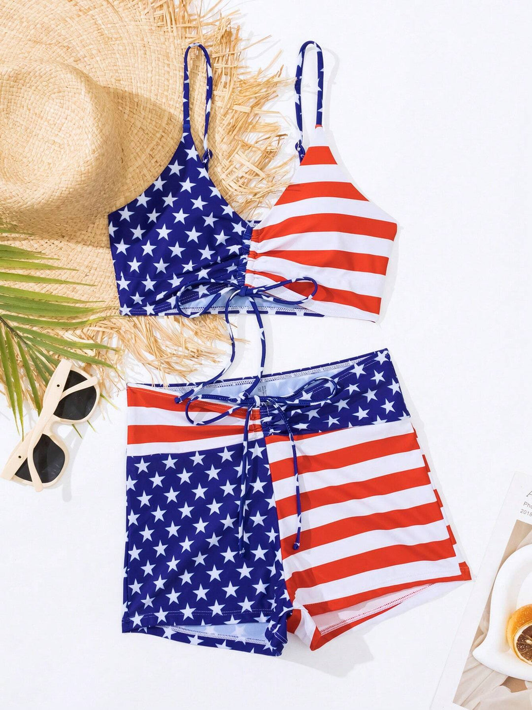 American Flag Print Drawstring Bikini Set