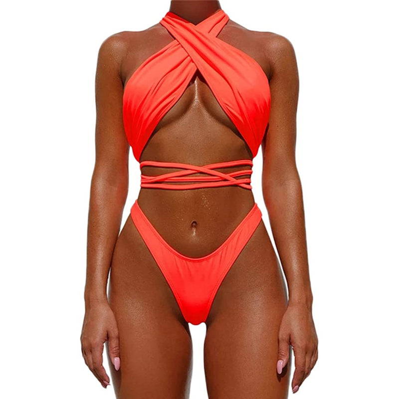 High Waist Neon Bandage Back Cross Bikini Set - SYVARA